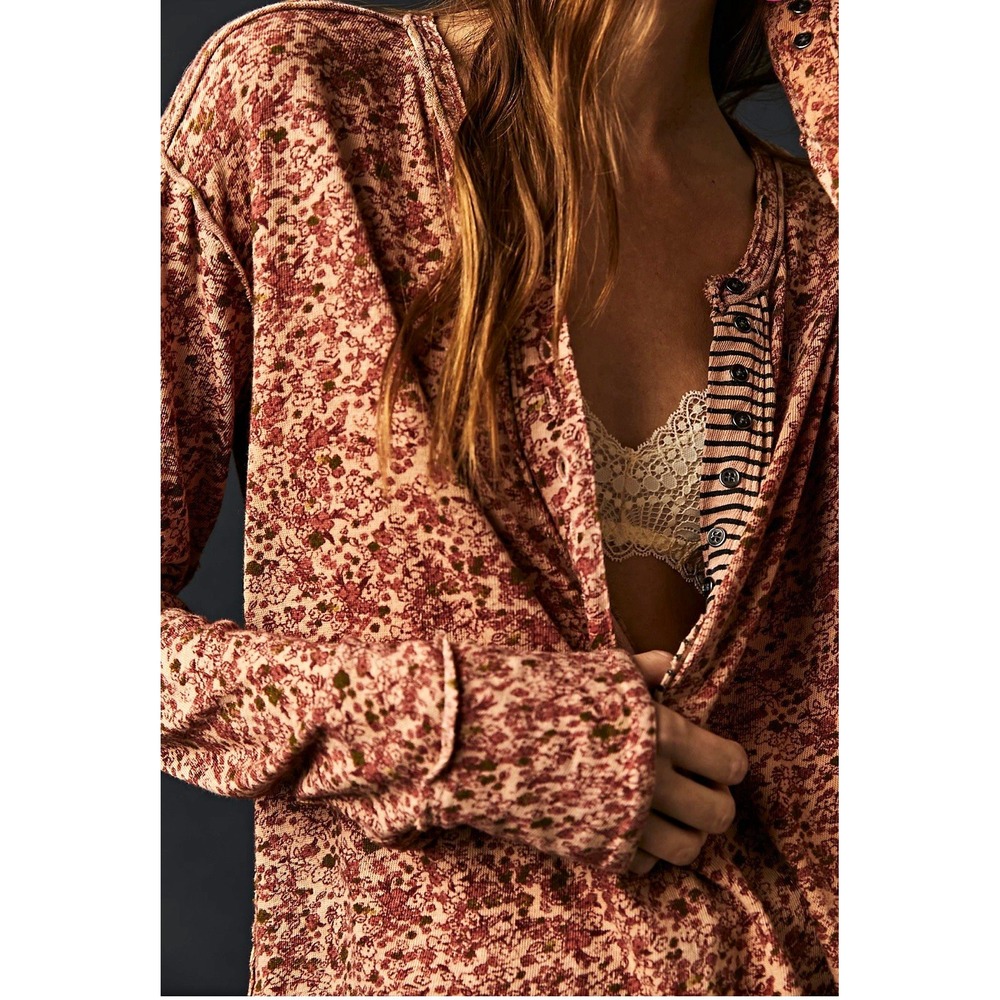 We The Free Beige Brown Floral Knit Button Henley Long Sleeve Top Size S